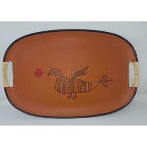 Tilso Serving Tray Fiberboard Orange Black Bird Rattan Wrapped Handles 18.5"